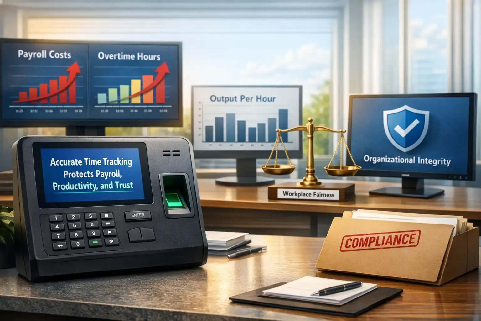 Office time clock with payroll, overtime, and compliance visuals